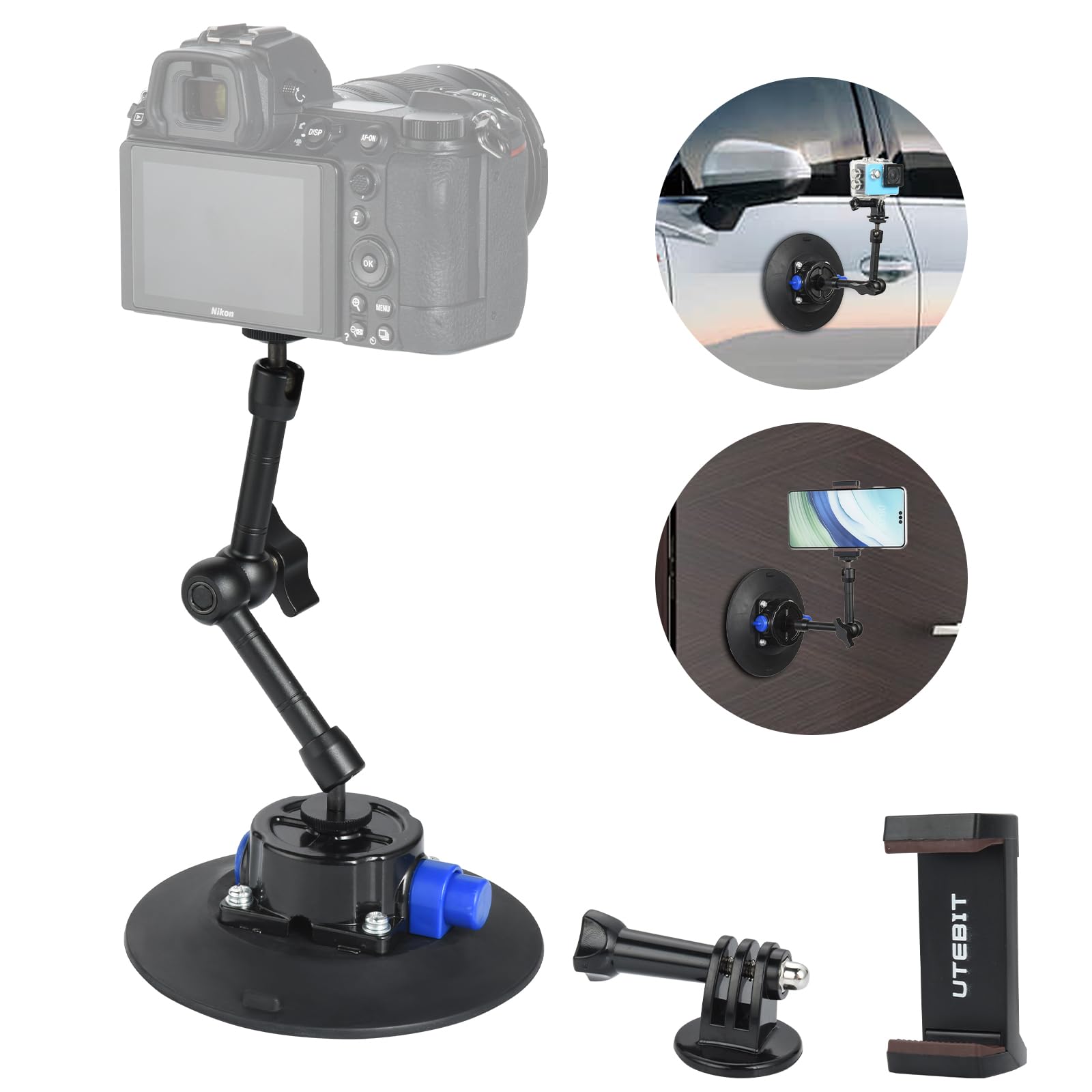 UTEBIT 6" Suction Cup Camera Mount with Ball Head Magic Arm, Metal Suction Cup Mount on Car Windshield Dash for Camera/Phone Holder, 1/4" Screw Action