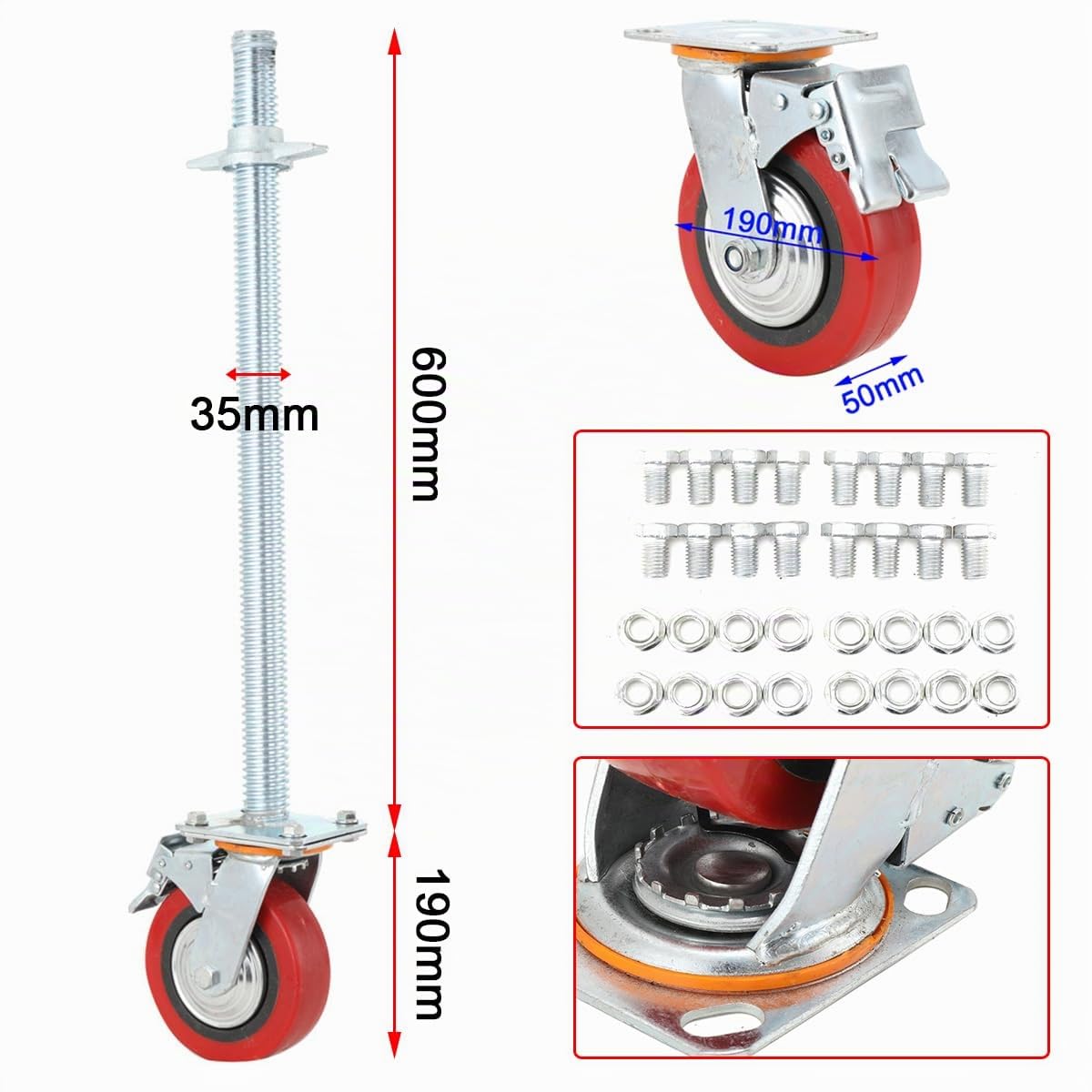 4 Stück Gerüstrollen 190 mm Stahlspindel Gerüsträder mit Bremsem | 360° Drehbar, 750kg Tragfähigkeit, Spindelrollen Gerüst Schwerlastrollen Räder, für Arbeitsgerüste Transportrollen Lenkrollen