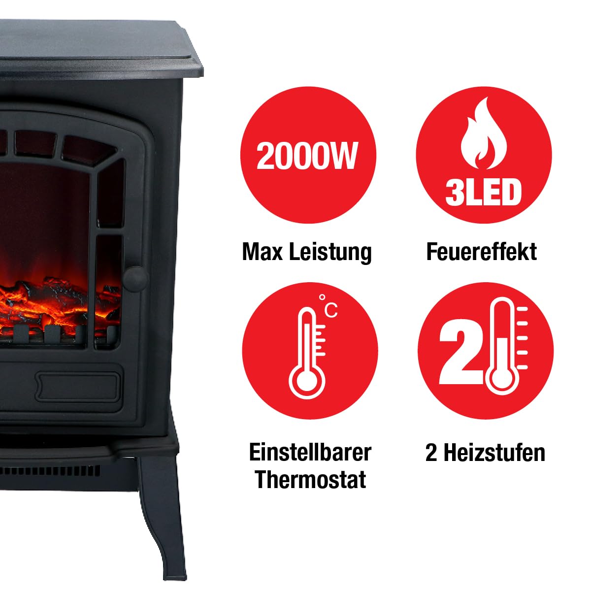Torino Elektrokamin mit Heizung – Elektroheizung 2000W - Kaminofen mit Heizung, Schalttafel und Timer - Elektroherd mit LED-Flammen - Freistehend - Schwarz