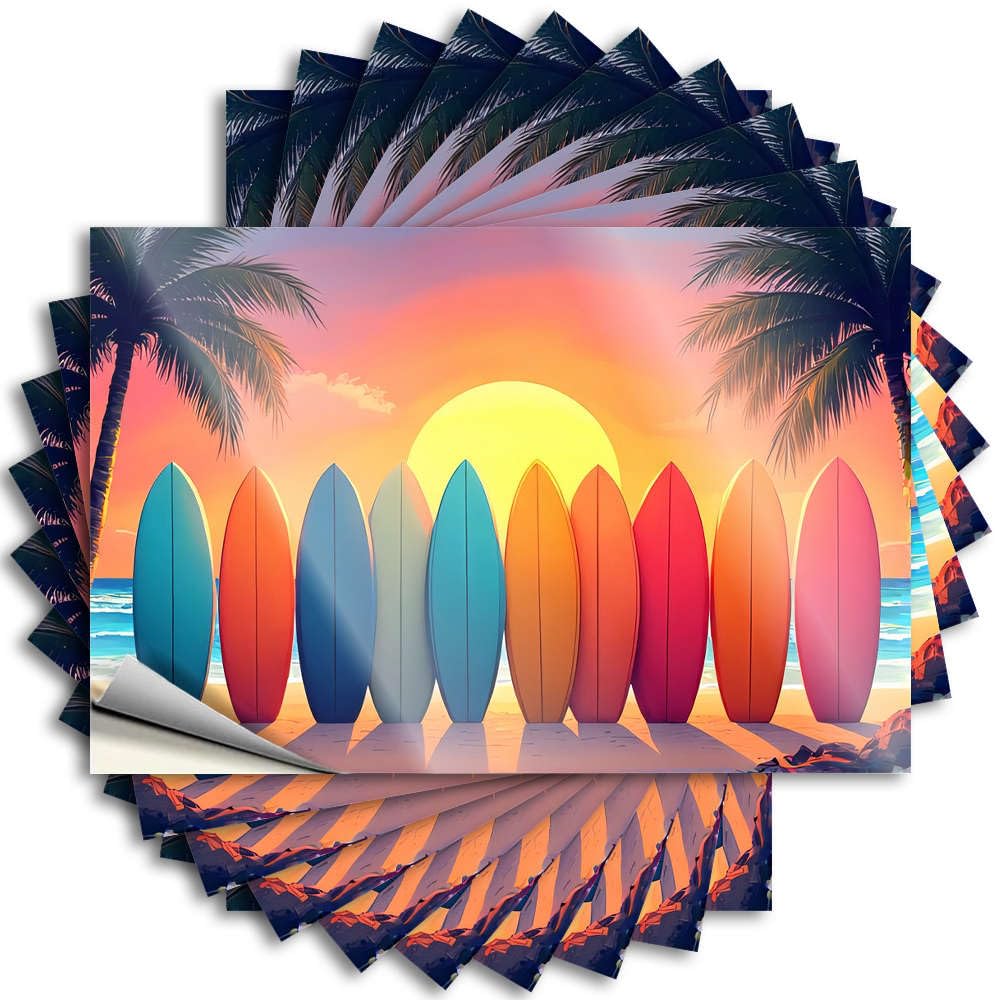 Colorful Surfboards Lined Up On The Beach At Sunset Fire Decal | Gaming Room Accessories Waterproof Vinyl Laptop Gamers Removable Decal Peel Stick(6X9CM)