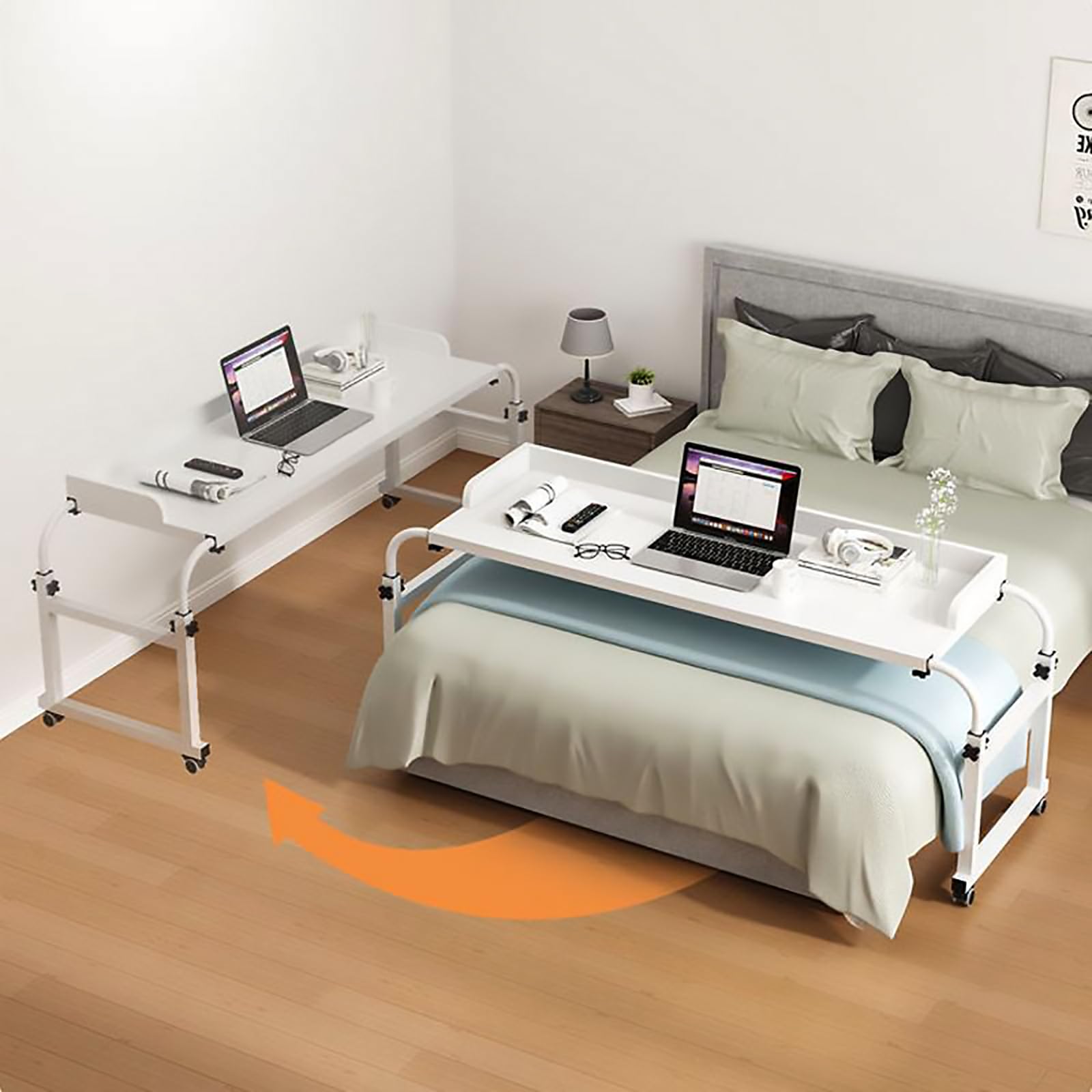 Mobile Over Bed King Queen - Mesa para computadora portátil de longitud y altura ajustables, mesa ajustable con ruedas para comer en la cama
