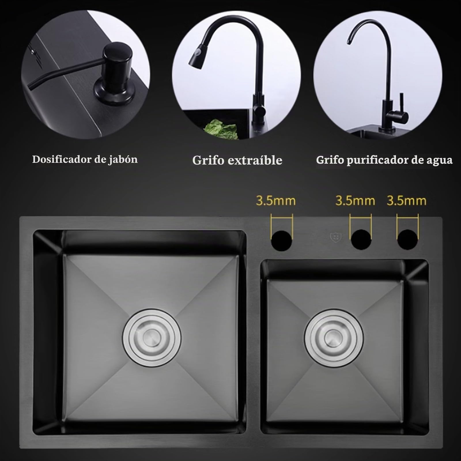 Fregadero De Cocina De Dos Senos Fregadero De Acero Inoxidable Negro Fregadero De Cocina Grifo Extraíble Negro Accesorios Completos(82x45x22cm)