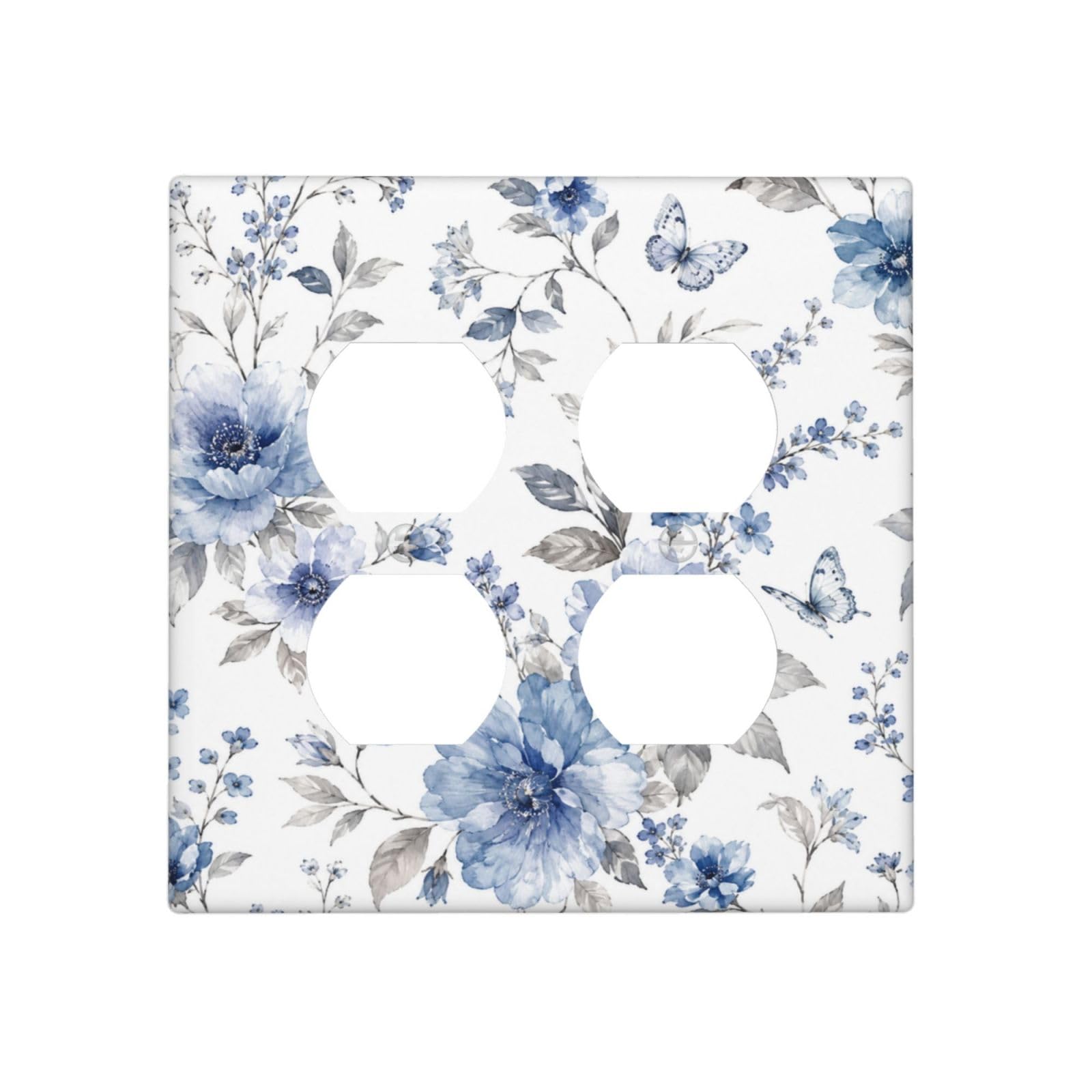 Dwbguo Blue Floral Decorative Outlet Covers Watercolor Butterfly 2 Gang Wall Plate Double Duplex Receptacle Vintage Botanical Flower Light Switch Covers Switch Plate Cover For Bedroom Home Decor