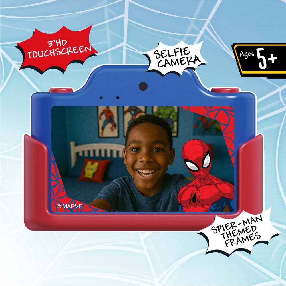 Kidamento Appareil photo numérique et caméscope vidéo pour enfants avec écran tactile, boîtier en silicone souple, capuchon d'objectif amovible, carte mémoire de 32 Go – Modèle K Spider Man