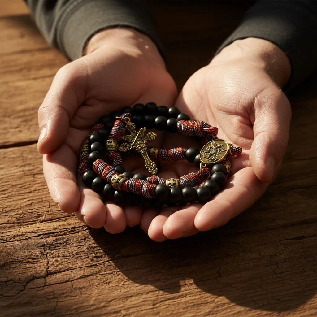Nazareth Store St. Benedikt Paracord-Rosenkranz 8 mm schwarze matte Perlen Antikbronze starke robuste Kordel-Rosenkranzkette mit Jesuskreuz (Rote Paracord-Bronze St.Michael)