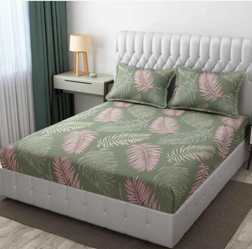 Image of 180 TC Supersoft Elastic Fitted Bedsheets with 2 Pillow Covers Fits Upto 4-6 inch Mattress| Double Bed with All Around Elastic 180 TC Supersoft, Size- 72 inchx78 inchX6 inch (Green pankh)