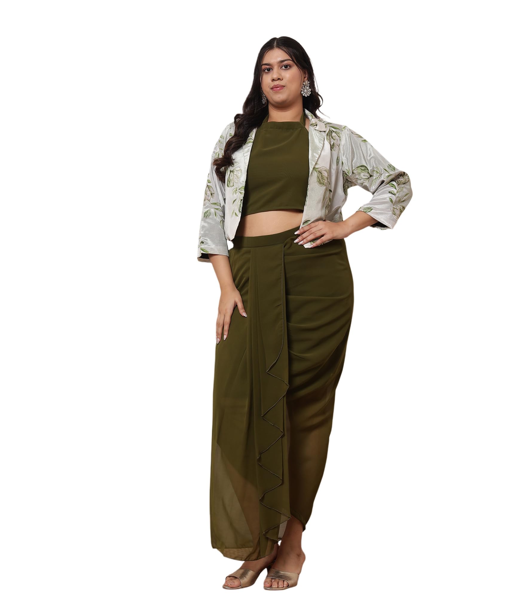 deebaco Women's Embroidered & Floral Georgette Ankle Length Crop Top with Dhoti Skirt & Shrug Co Ord Set for Women Fashion Stylish|Long Dresses for Woman Western(3XL,4XL,5XL,6XL-Olive Green)-picture-23