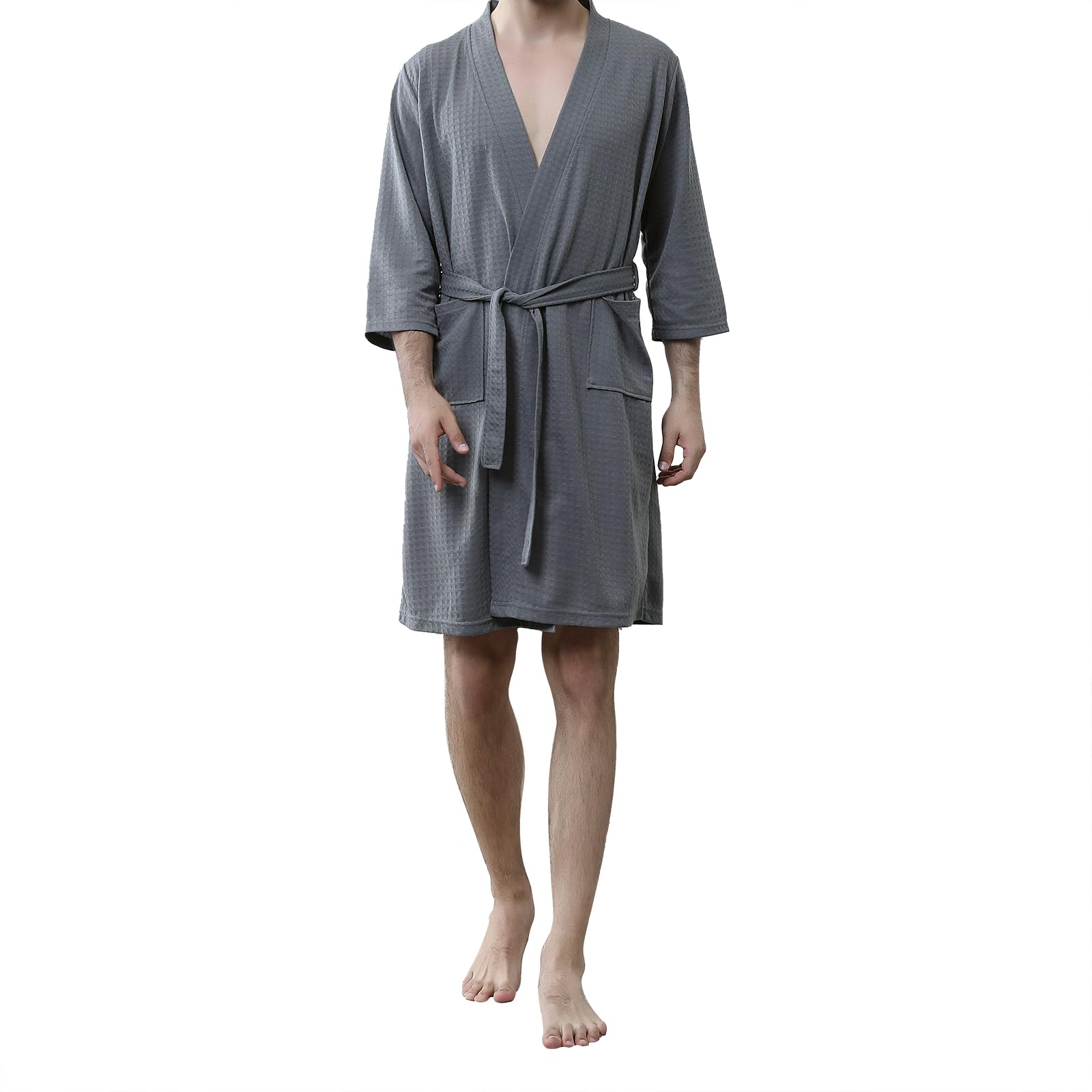 Men's Waffle Robe, Lightweight Knee Length Kimono Bathrobe, Nightgown Shower Robe for Spa