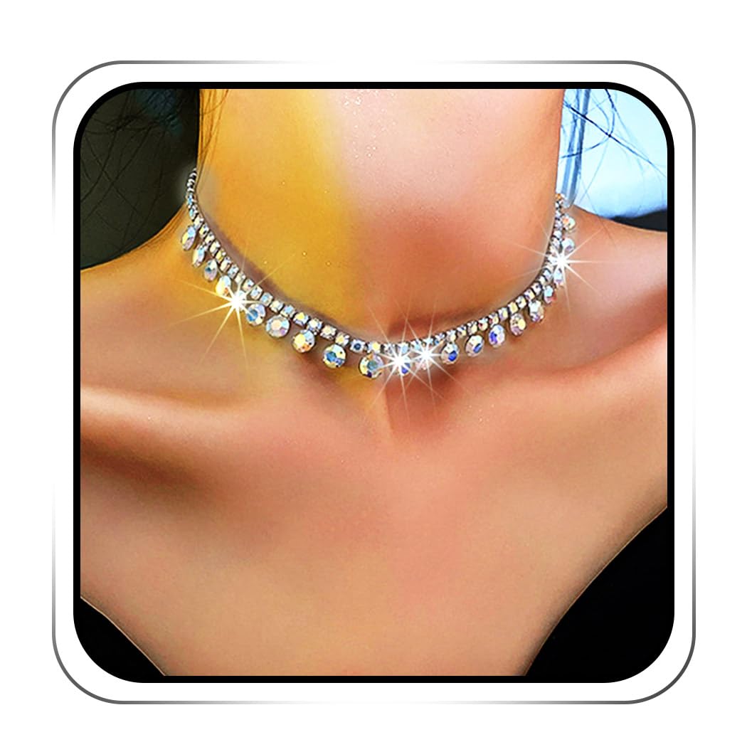 JEAIRTS Rhinestone Choker Necklace Silver Diamond Row Necklaces Sparkly Crystal Prom Jewerly for Women