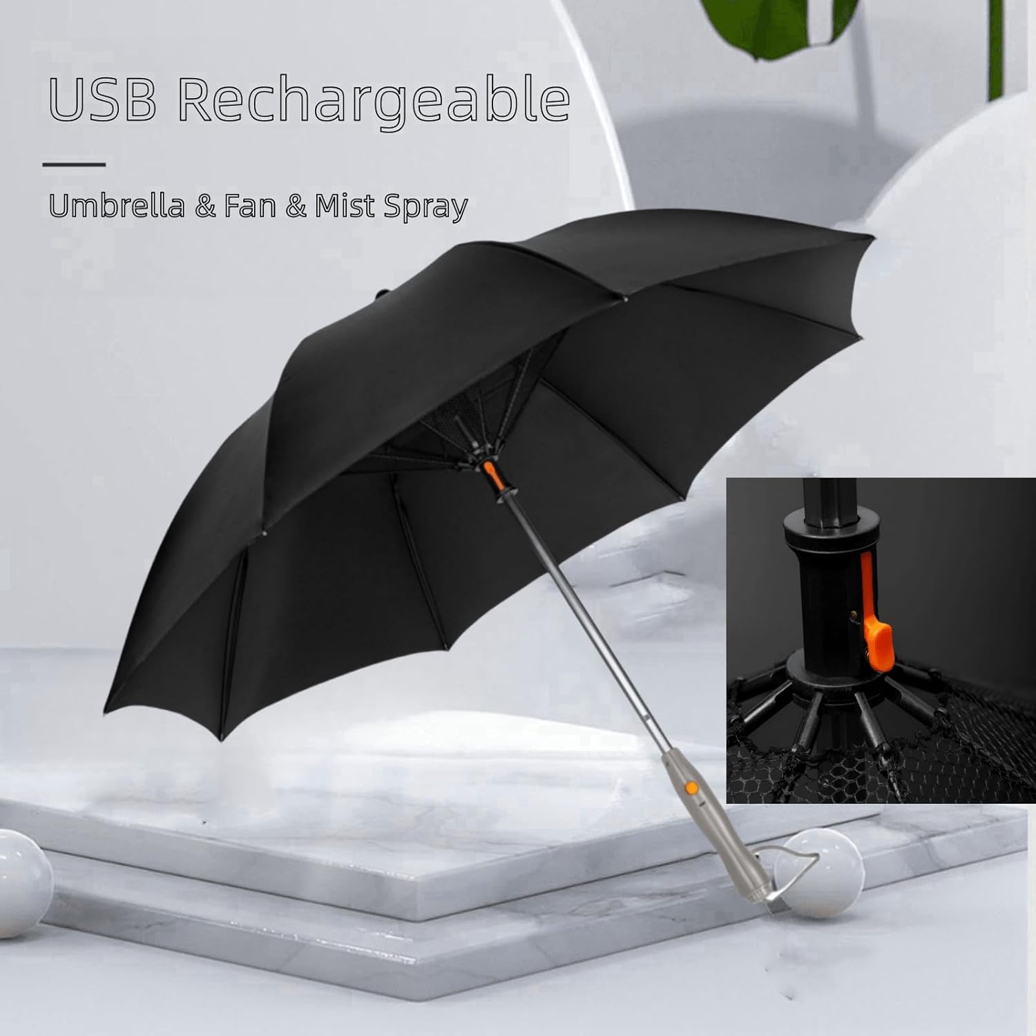 Umbrella with Fan and Mist Spray, USB Rechargeable, UPF 50+ Sun and Rain, Portable Umbrella & Cooling Fan for Beach, Travel and Festivals (with a plastic bottle)
