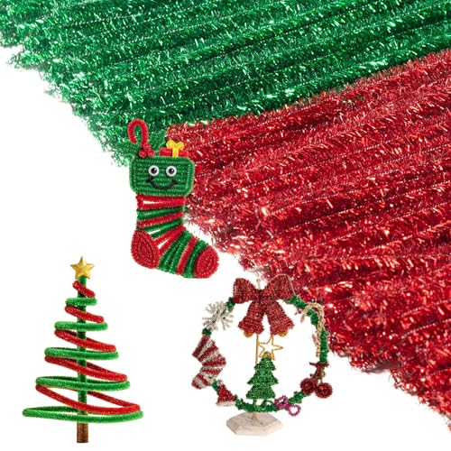 Image of Caydo 200 Pieces Glitter Pipe Cleaners, Red and Green | Sparkling Chenille Stems Bulk for Flowers, Animals, Creative Art and Crafts Making