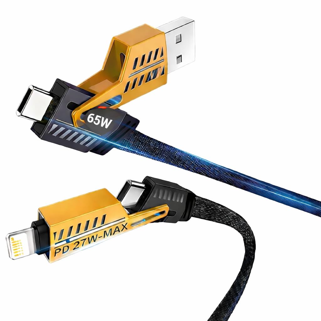 dealoma 4 in 1 Fast Charging Cable 65W | Multi Charging Cable with Type-C, USB-A, Lightning | PD Fast Charging Cable (4 in 1 (Yellow))
