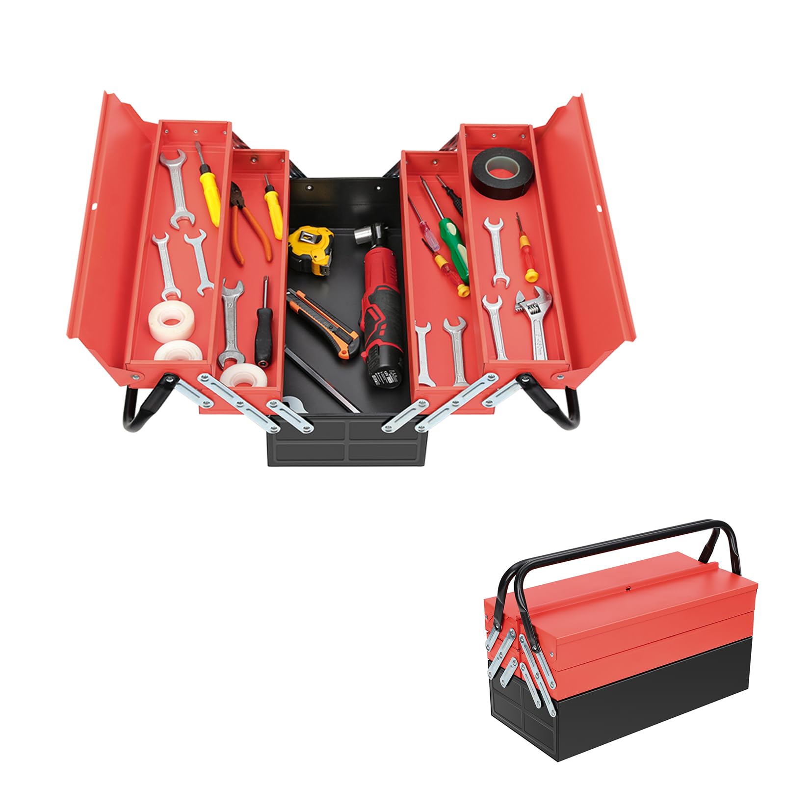Metal Cantilever Tool Box with 5 Trays, Portable Garage Tools Storage Boxes Space Saving, 3 Tier 5 Trays Metal Tool Box for Home Workshop Warehouse