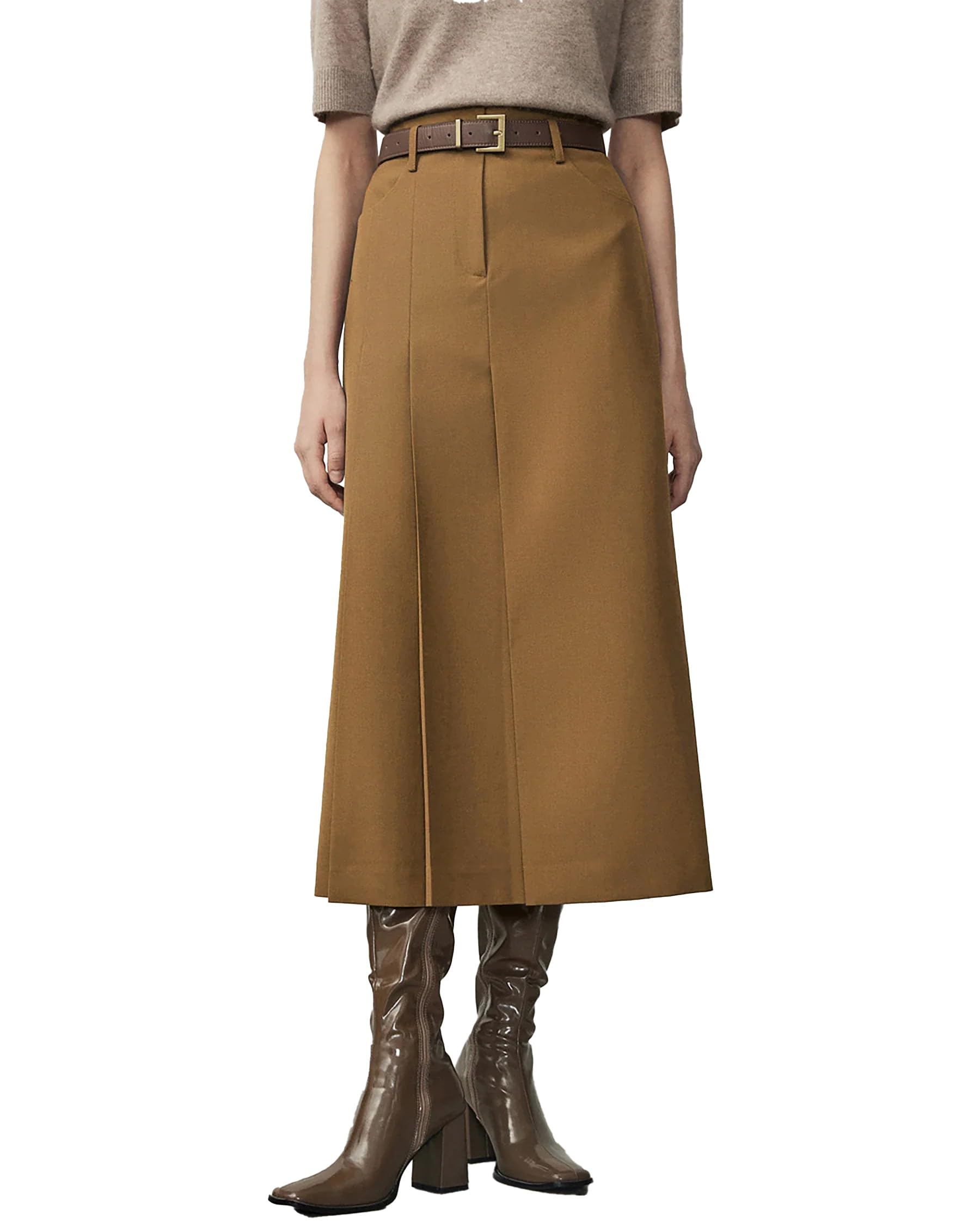 DAISYSILK Women A Line Wool Midi Skirt High Waist Pleated Wool Skirt Brown Skirt for Work and Winter