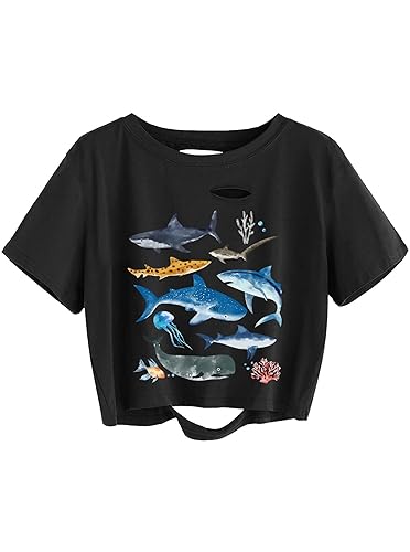 Remidoo Women's Casual Short Sleeve Graphic Print Tie Dye Crop Top T Shirt - Medium - Black Sh