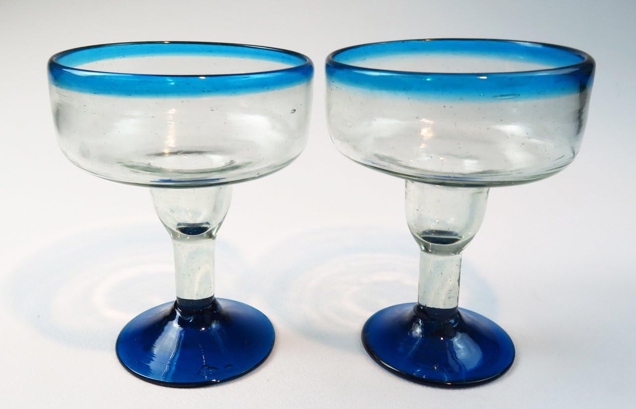 Mexican Margarita Glass with Turquoise Rim and swirl base, Set of 4