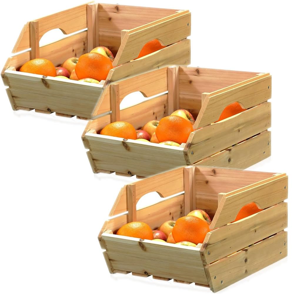 Mucola Holzkiste Obstkiste mit Griffen 3 Stück stapelbar 38x27x20 cm Natur | Kartoffelkiste Weinkiste aus Vollholz, für Kartoffeln, Obst und Gemüse, für Küche, Keller und Vorratskammer