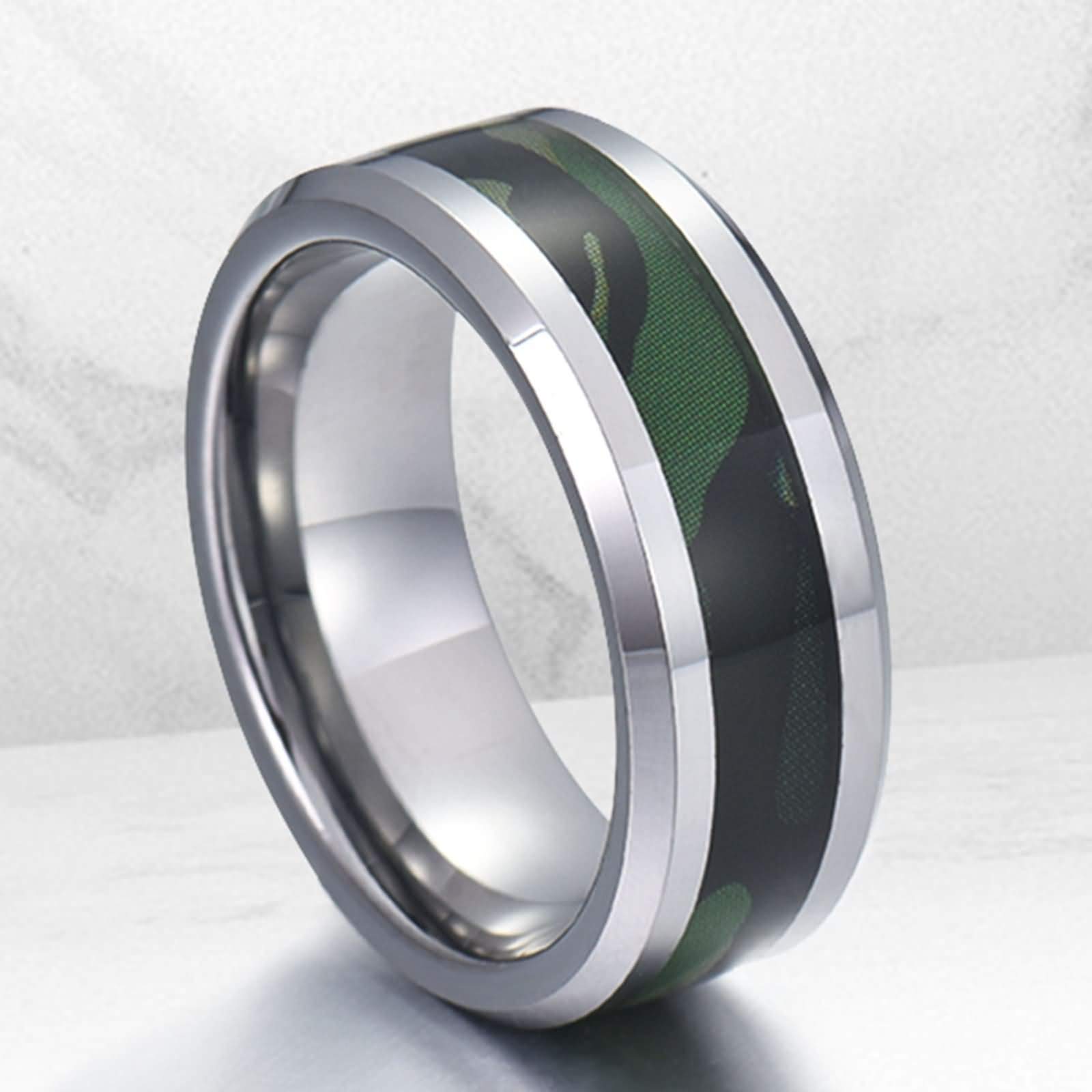 Anelli Uomo Tungsteno Anello con Intarsio Motivo Mimetico Bordo smussato Anello Fidanzamento Personalizzato 8MM Anello Tungsteno Argento Verde Misura 12-31