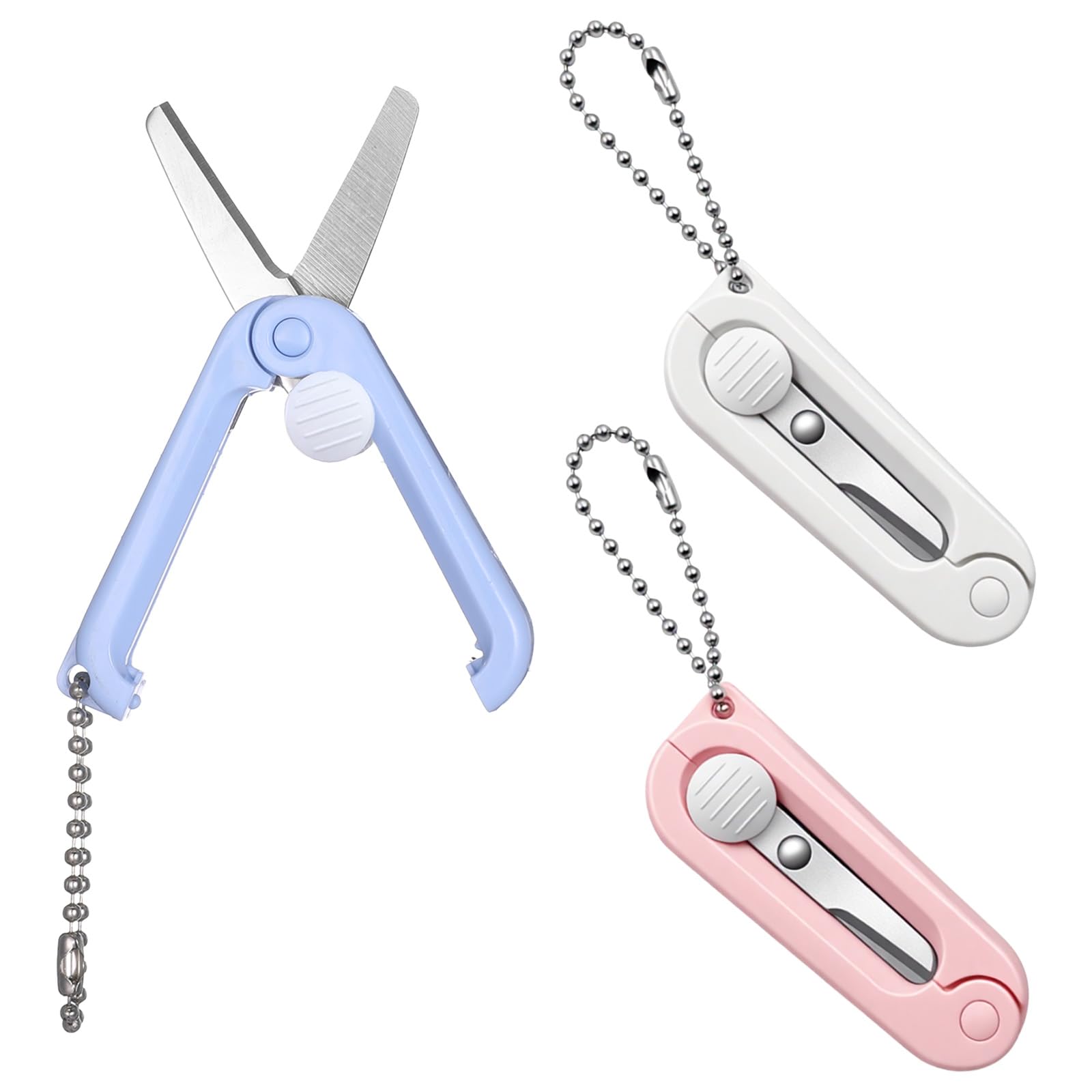 Photo 1 of 3 Pcs Keychain Scissors Mini Folding Scissors Portable Travel Pocket Scissor for Badge Reel, Scrapbook, Crafts, Pink, White, Blue