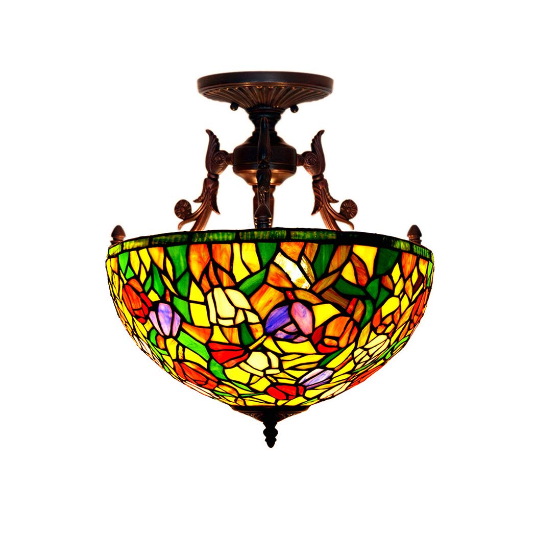 HJRegaFimu Ceiling Fixture Lamp 16 Inch Vintage Flowers Stained Glass Shade E27 3 Lights Pastoral For Bedroom (tulip)