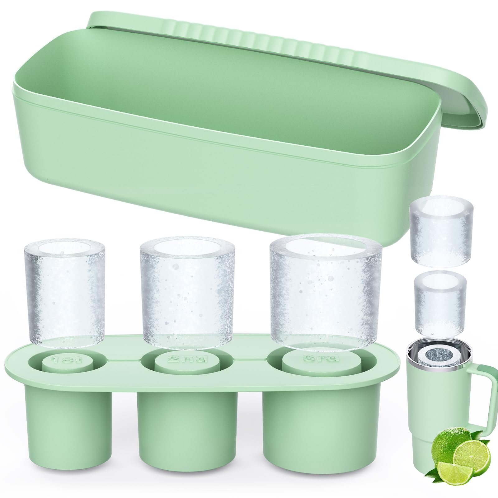 Ice Cube Tray for Stanley Cup with Lid and Bin, for Stanley Ice Mold Tumbler 30-40OZ for Freezer, Silicone Ice Maker for Chilling Cocktails, Whiskey, Coffee, Drinks(Green, 40OZ)
