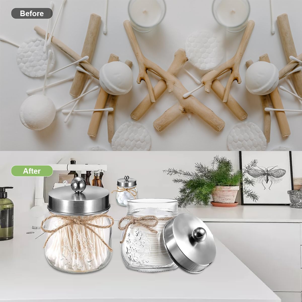 Indecor Home Glasbehälter Mit Deckel – Für Qtips, Watte, Make-up, 2 Stück, Wählbare Deckelfarbe