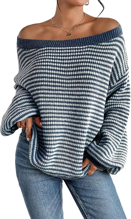 Women's Oversized Striped Sweater Casual Off The Shoulder Sweater Fall Long Sleeve Loose Knit Pullover Jumper Tops