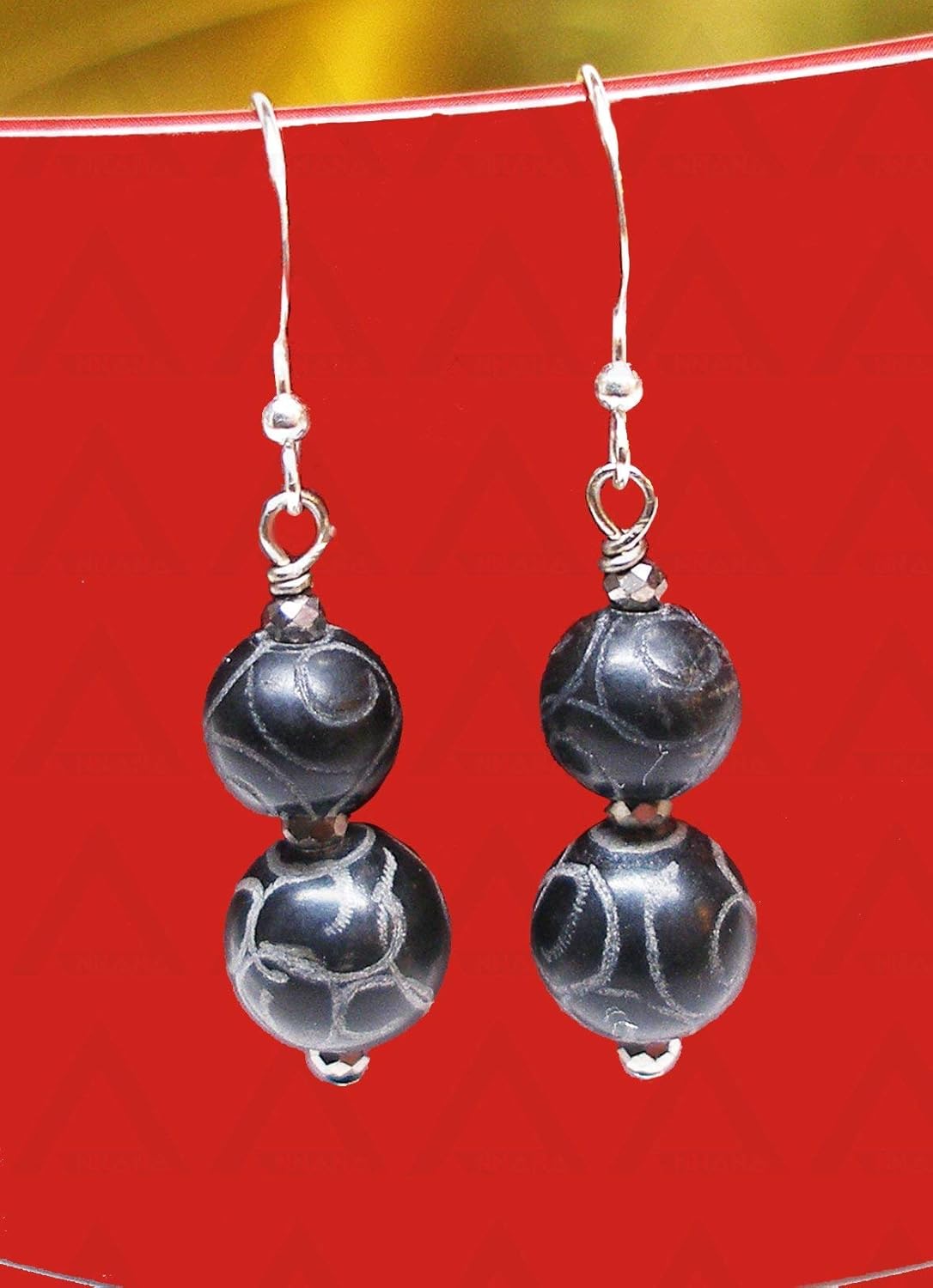 Carved Black Jade and Crystal Dangle Earring on Sterling