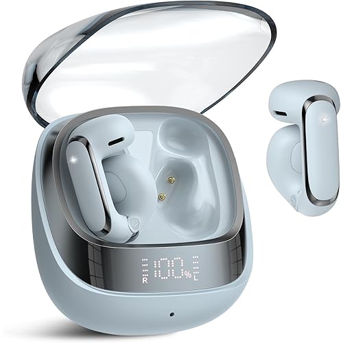 Clip On Ear buds, Open Ear Headphones, Bluetooth 5.4 HiFi Stereo Clip Earbuds, 42H, LED Display Wireless EarBuds, Comfortable Lightweight, IP7 Waterproof Earphones, Earbud for Workout Running, Blue
