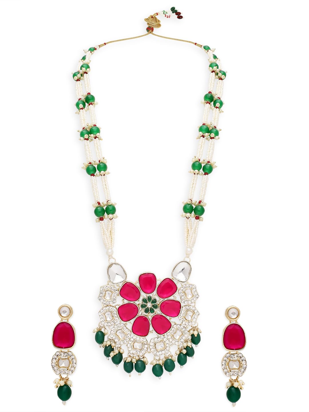 Jewellery Green & Rani Pink Long Mala Jadau Necklace Set - Kundan Studded with Earrings for Women & Girls Stylish Latest (NEST30_CC1)-image-37