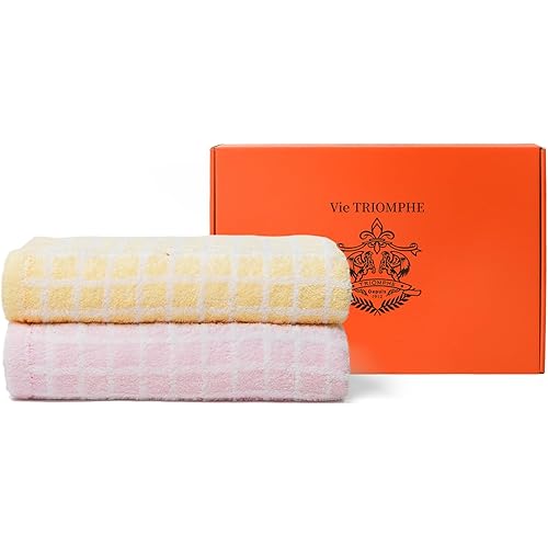 Vie Triomphe Luxury Bath Towel Pack of 2,Zero Twist Towels Bath Towels,100% Cotton Towels for Bathroom, 2-Piece Checkered Towel Sets for Hotel & Spa,Yellow Plaids and Pink Plaids,
