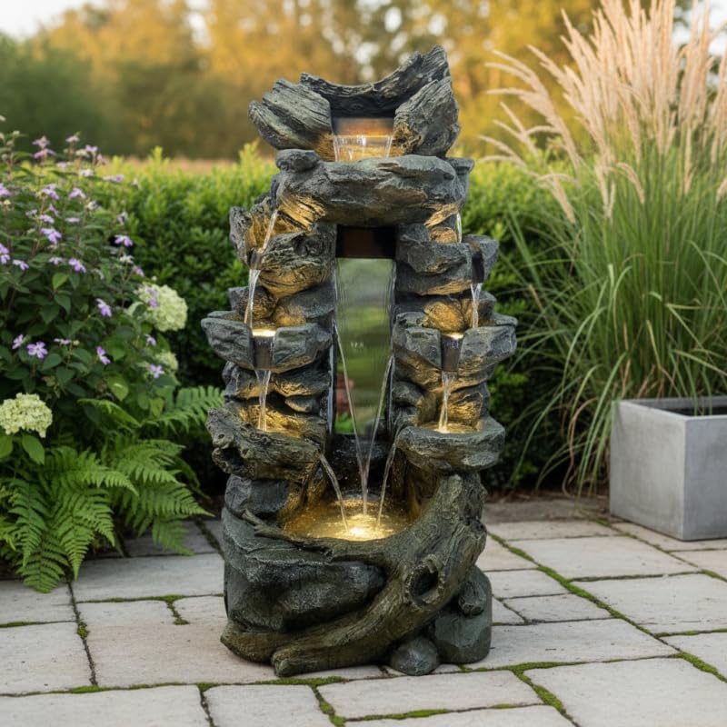 Fontaine de Jardin Art-Pond Niagara | Grande Taille 80x55x142cm en Polyrésine Gris Roche | avec Éclairage LED Blanc Chaud et Pompe 2000L/h | Décoration Extérieure ou Intérieure