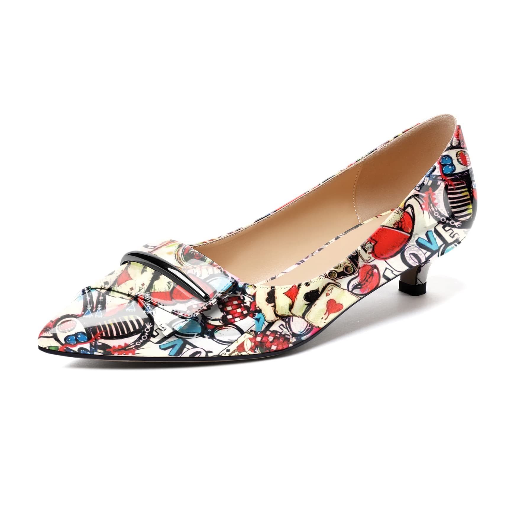 Zamikoo Women's Kitten Heel Pumps 1.5" Low Heel Slip On Pointy Toe Buckle Bow Dress Shoes US Size 5-13