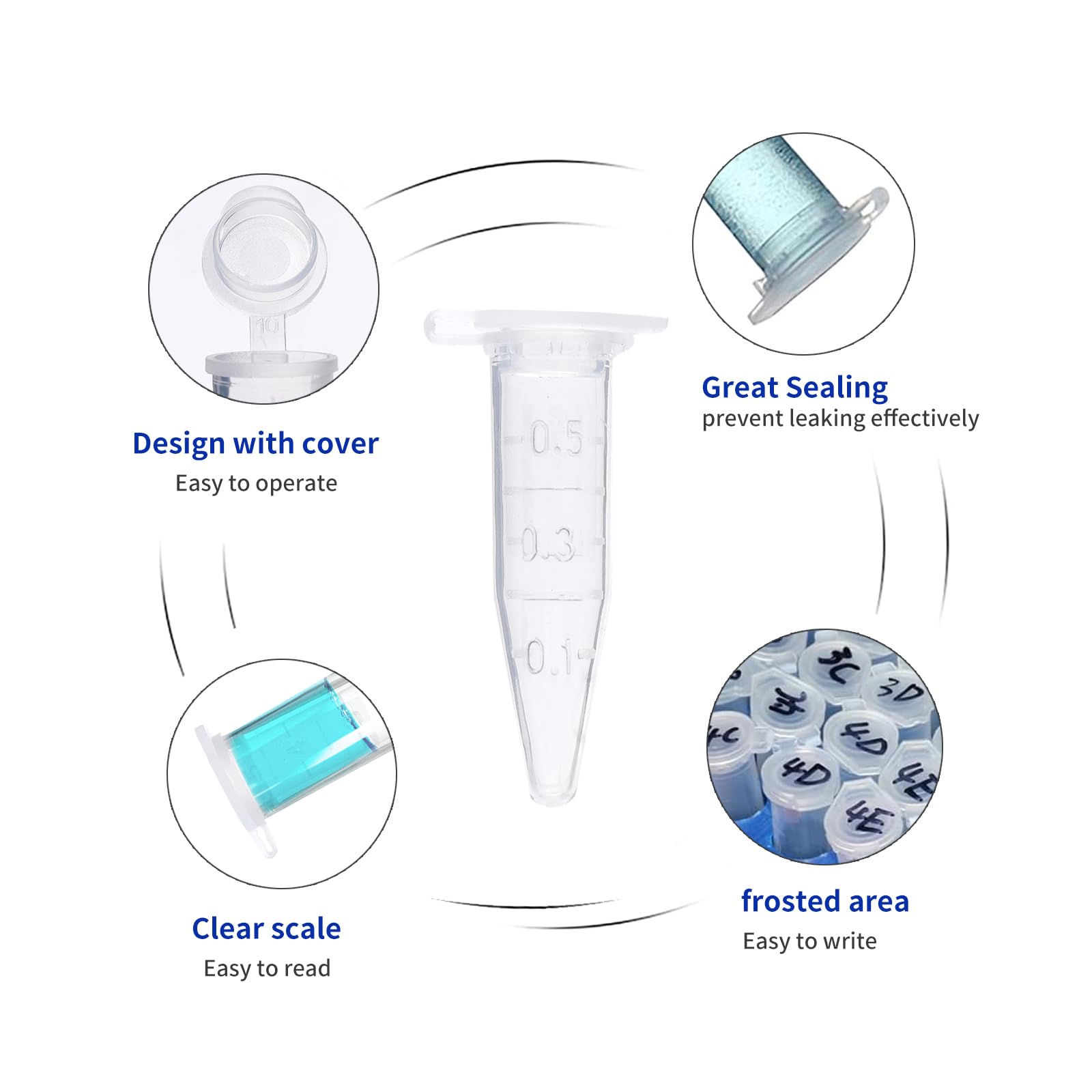 Tubos de microcentrífuga de 0,5 ml, 4000 unidades, tubos de centrífuga con tapa adjunta, tubos de plástico a presión de laboratorio, graduación transparente (paquetes de 10 bolsas)