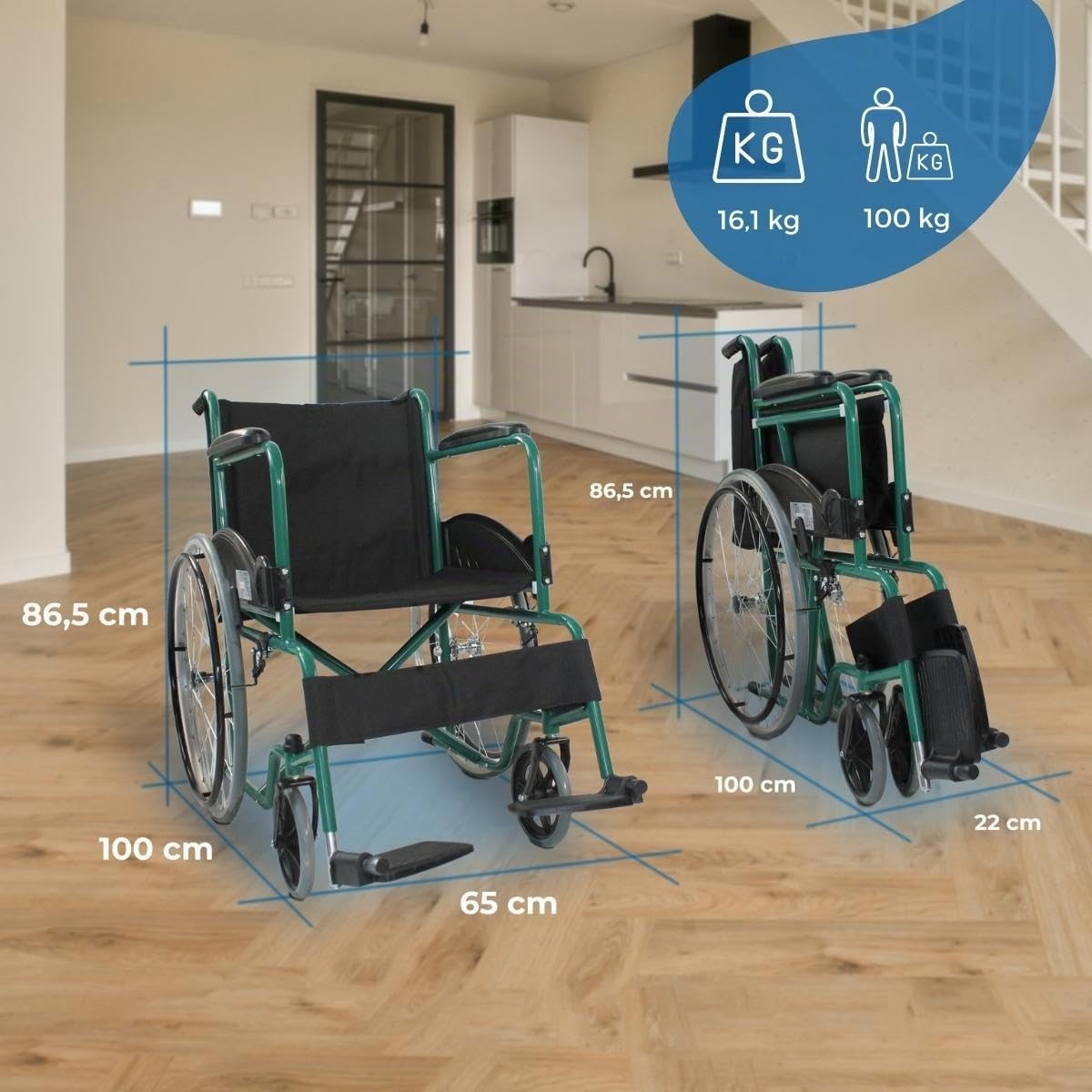 Mobiclinic®, Sedia a rotelle, Auto-propulsa, Carrozzina pieghevole, Alcazaba, Seduta 46 cm, Sistema per superare i cordoli, Braccioli imbottiti, Poggiapiedi ribaltabili, Leggera, Freno sulle ruote