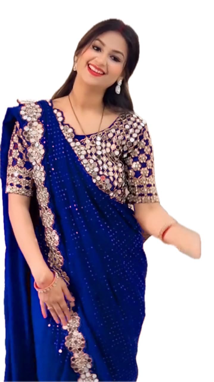vinayak textile Women's Blue Soft Georgette Lace Border Mirror Work And Sequence Saree With Unstitched Blouse (Anmol Blue A14)-picture-14