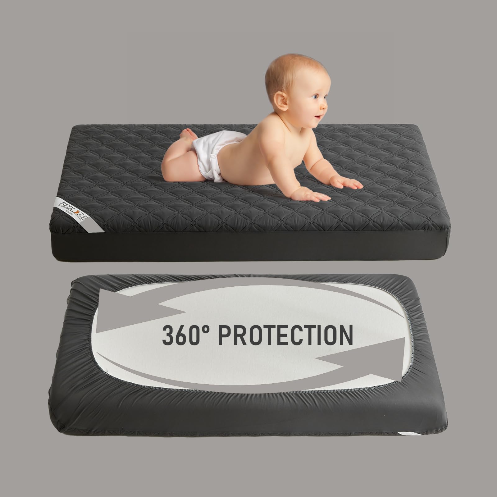 Protector de colchón impermeable para cuna, paquete de 2 protectores de colchón gris suave, sin ruido, lavable a máquina, máxima protección para la cuna de tu bebé (52 x 28 pulgadas) 3