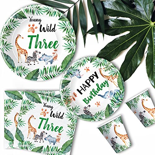 Apowbls Safari Jungle Animal 3Rd Birthday Plates And Napkins Party Supplies - Animal Theme Young Wild And Three Decorations Dinnerware For Kid's 3-Year-Old Birthday, Plates, Cups, Napkins | Serves 24 #TOP6