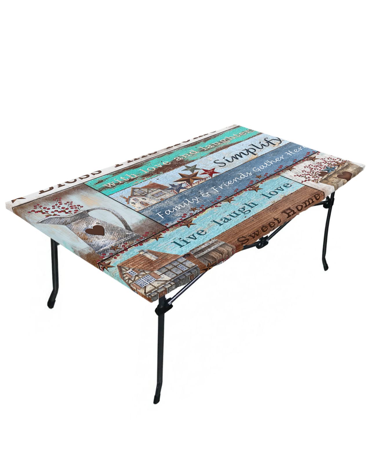 Farmhouse Teal Brown Wood Fitted Table Covers for 3 Foot Tables, Country Star Rustic Barn Elastic Table Cover Rectangle 24