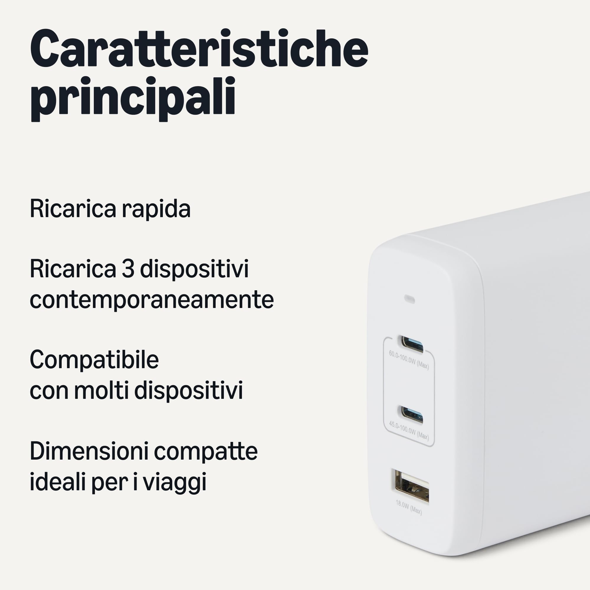Amazon Basics Caricabatterie da Parete Nano GaN USB-C con Ricarica Rapida, 120W a 3 Porte per Laptop, Tablet e Smartphone, Bianco