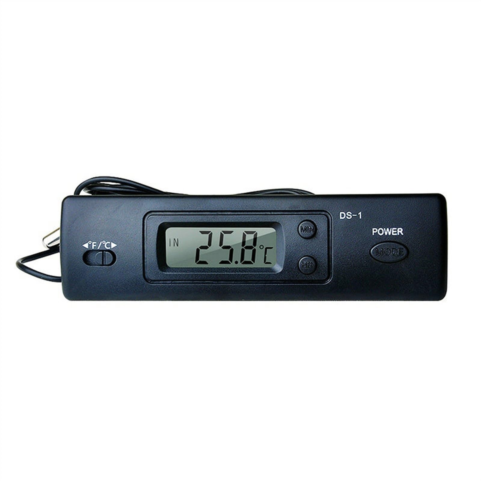 Termometr samochodowy DS-1, wyświetlacz LCD, zegar °C/°F, czujnik temperatury, termostat wewnętrzny/zewnętrzny z czujnikiem pojazdu