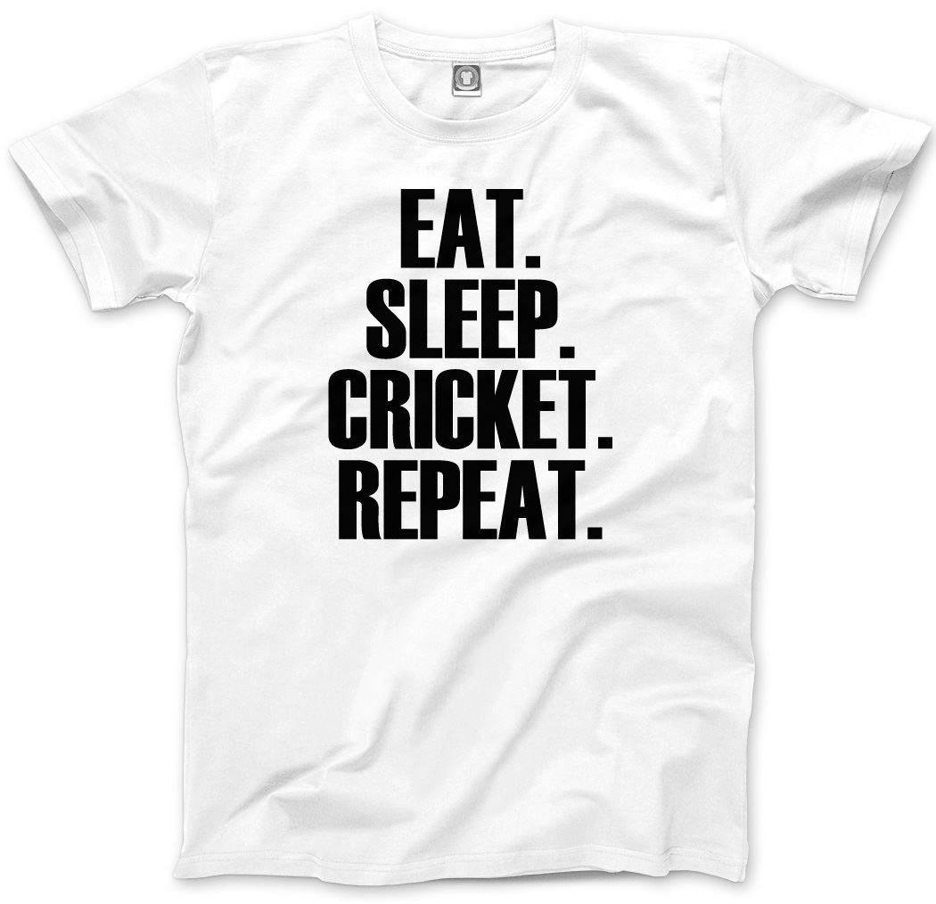 Hotscamp White Eat Sleep Cricket Repeat Kids T-Shirt - 12-13 Years