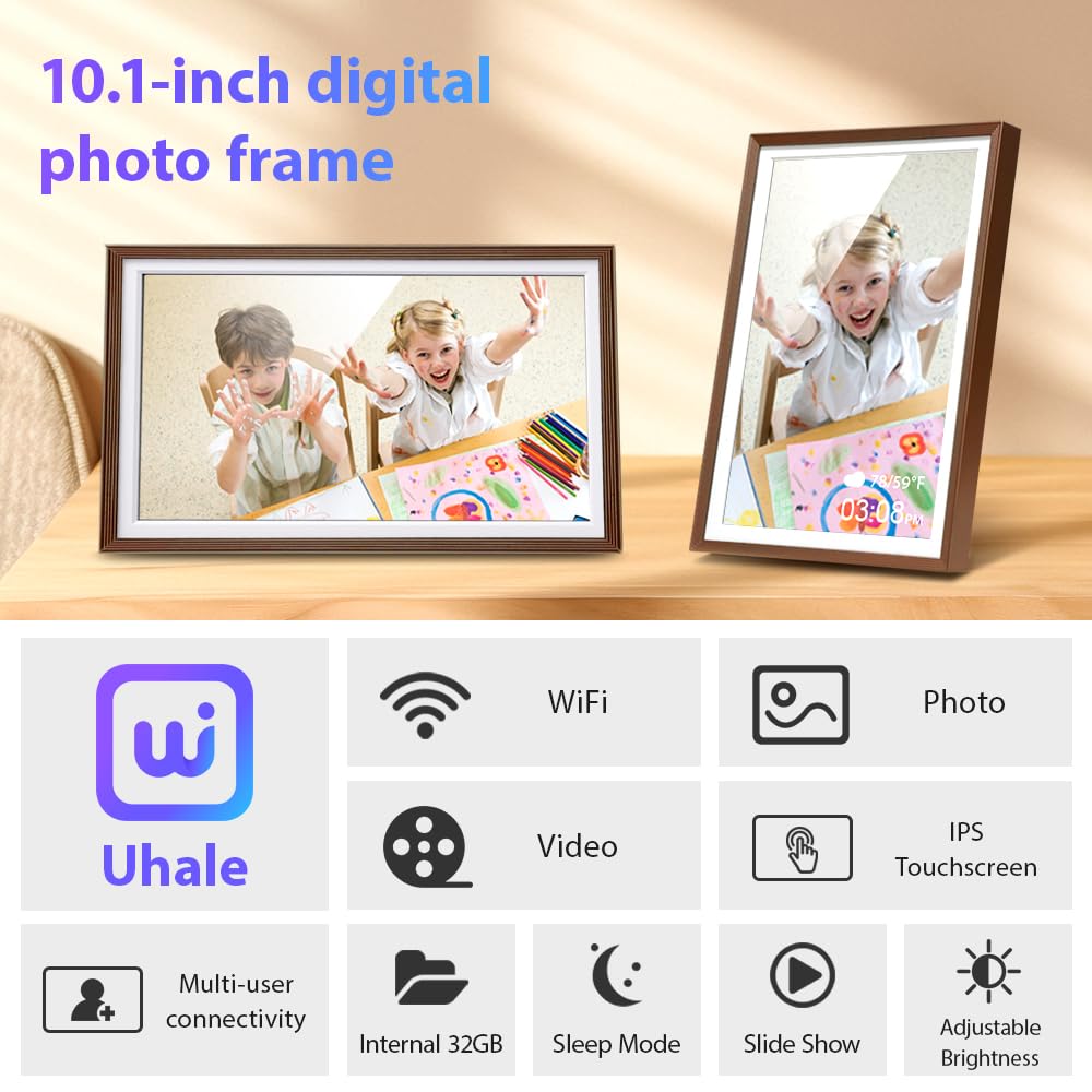 Cadre Photo Numérique 32 Go, écran Tactile WiFi 10,1 Pouces, HD 1280 x 800 IPS, Rotation Automatique, Partage De Photos à Tout Moment et en Tout Lieu Via l'application Frameo/Uhale, Bronze