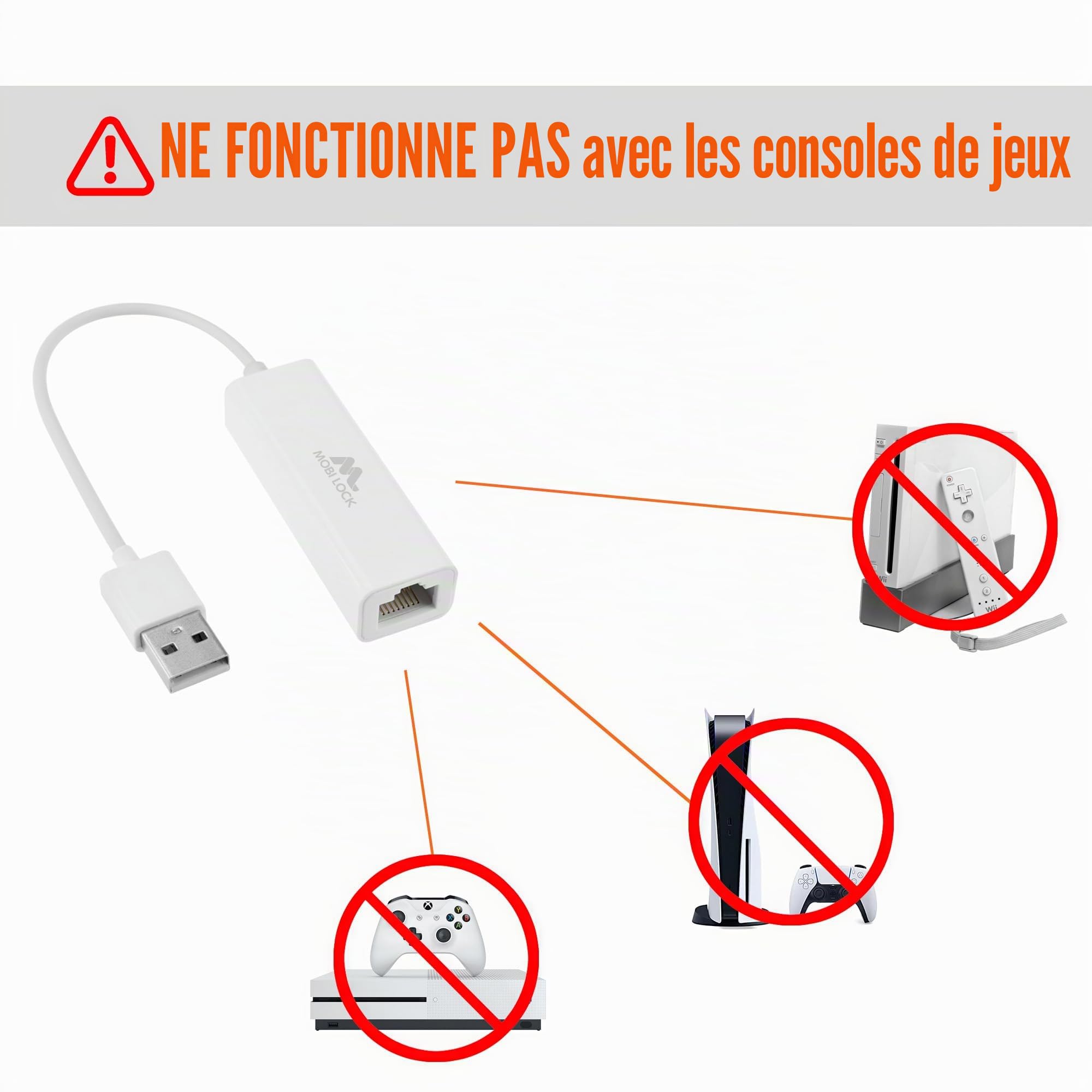 Mobi Lock Adaptateur Réseau USB Ethernet USB 2.0 pour Ordinateurs Portables Windows 7-11 Mac OS X