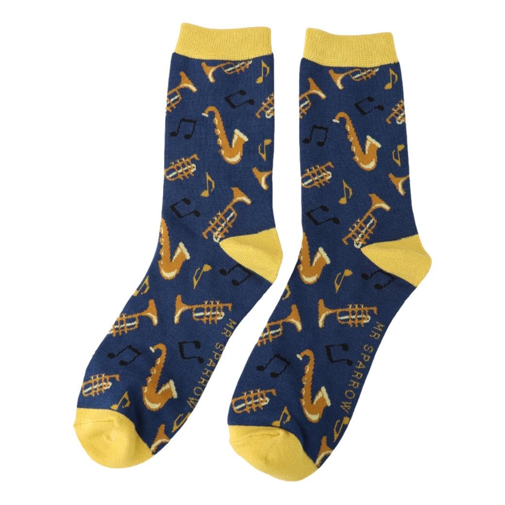 Mr Sparrow Jazz Instruments and Music Notes on Navy Blue Mens Novelty Ankle Socks Adult One Size