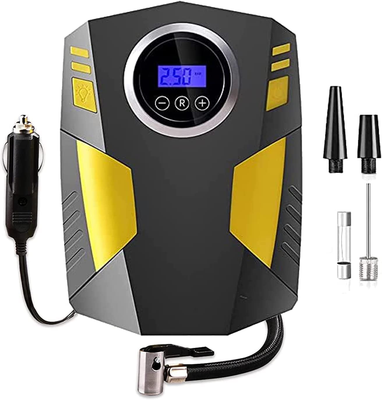 Air Compressor Tire Inflator, DC 12V Portable Air Compressor, Auto Tire Pump with LED Light, Digital Air Pump for Car Tires, Bicycles and Other Inflatables (Yellow-A)
