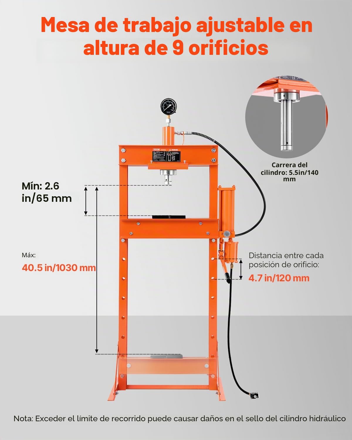 VEVOR Prensa Hidráulica de Taller, con Marco en H de 20 T con Placa de Prensa, para Piso de Garaje Estable con Soporte Triangular, Apta para Doblar, Enderezar y Estampar, 770 x 596 x 1770 mm