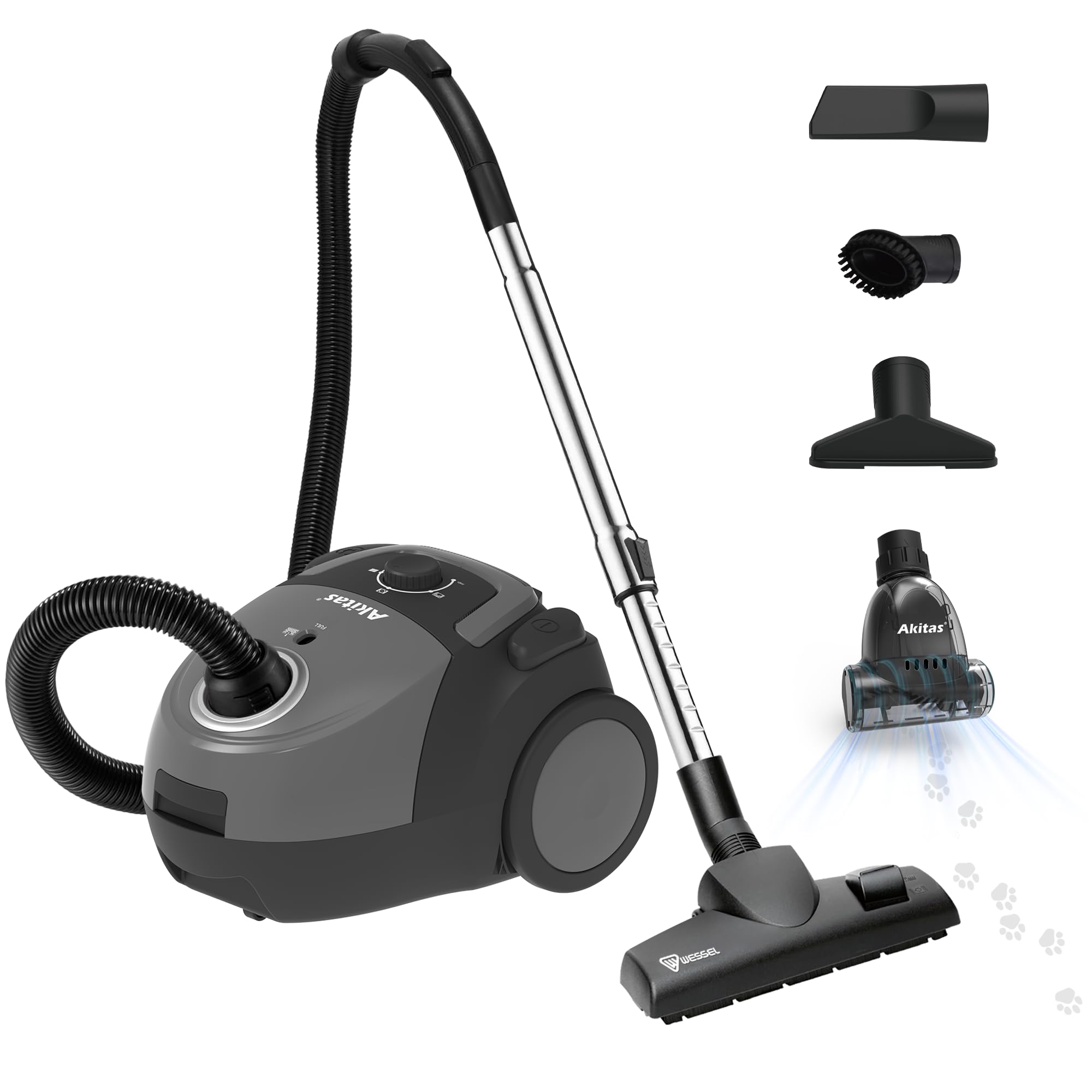 Akitas C5 Turbo Beutelstaubsauger mit Beutel, Deutscher Wessel-Werk Bodenkopf & Turbo-Tierhaarbürste，850W Starke Saugleistung, 9 m Aktionsradius, kompakt & leicht