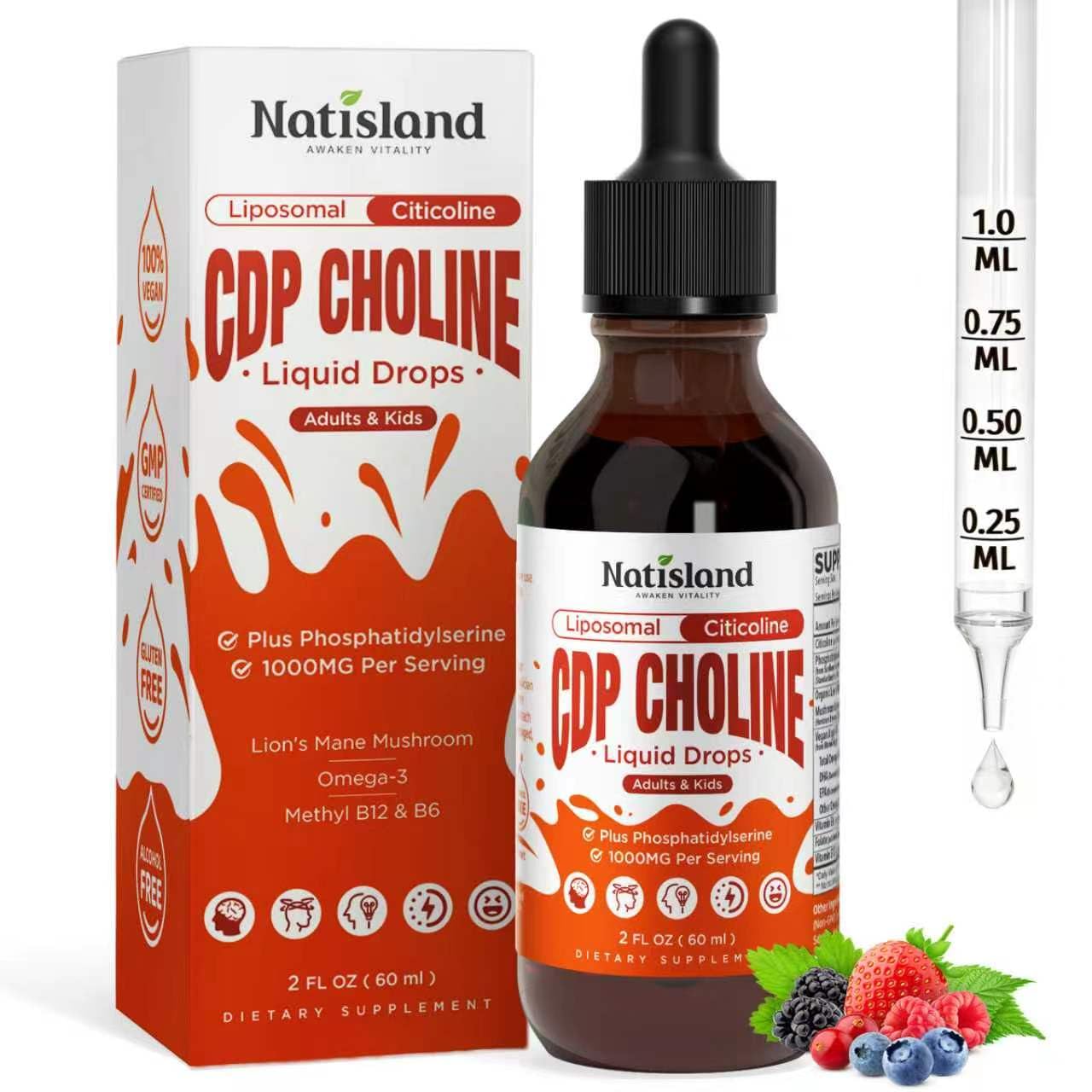 Citicoline 1000mg + Phosphatidylserine 300mg Supplements, CDP Choline for Kids & Adults, Citicoline Liquid Drops for Brain, Memory & Focus Support, Lion's Mane Mushroom, Omega-3, Methylfolate, 2 FL OZ