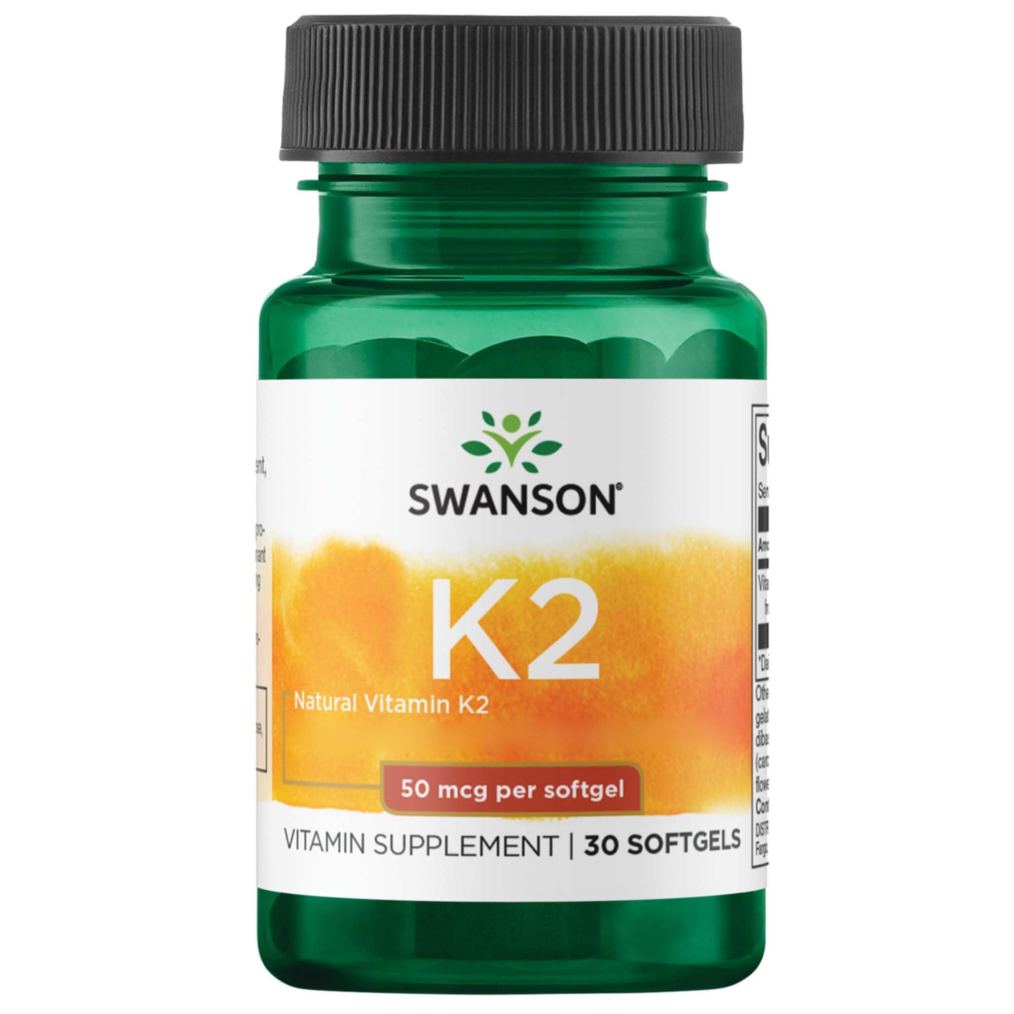 Swanson Natural Vitamin K2 (Menaquinone MK-7), 50mcg, 30 softgels, High-dose, Laboratory-Tested, Soy-Free, Gluten-Free, GMO-Free